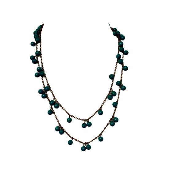 Turquoise Beaded Necklace Southwest Western Jewelry Gold Tone 24" Chain Vintage - Picture 1 of 16